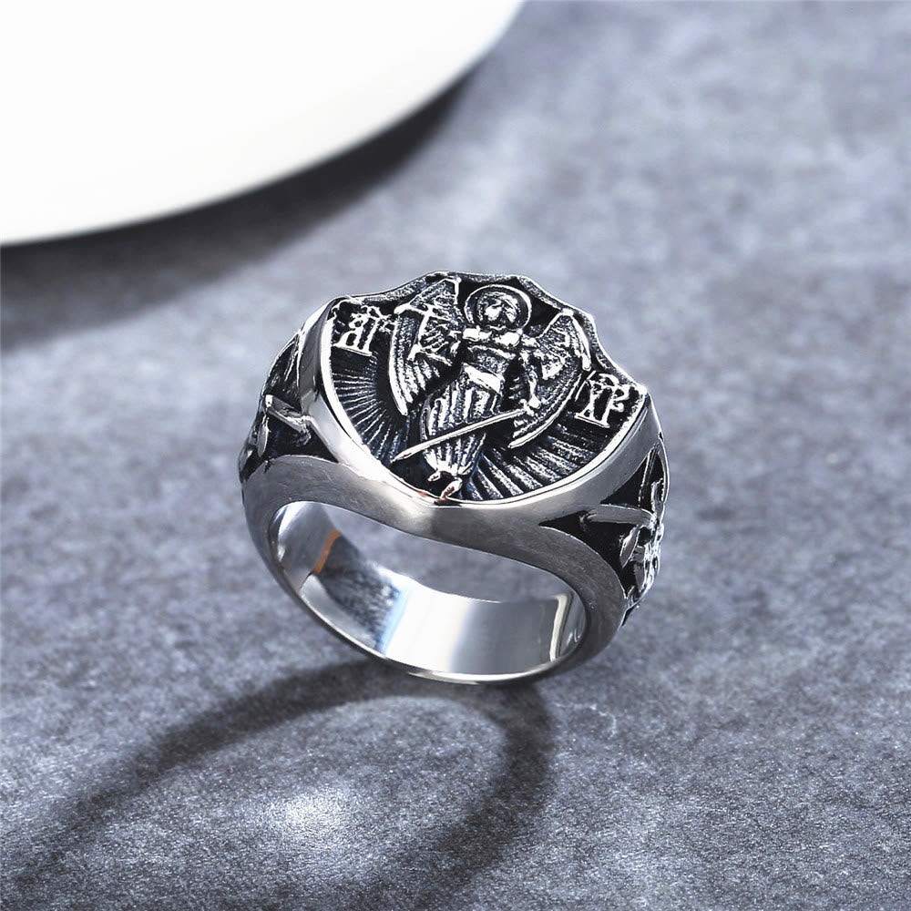 Anillo de Protección y Fuerza del Ángel de la Guarda San Miguel Estilo Retro