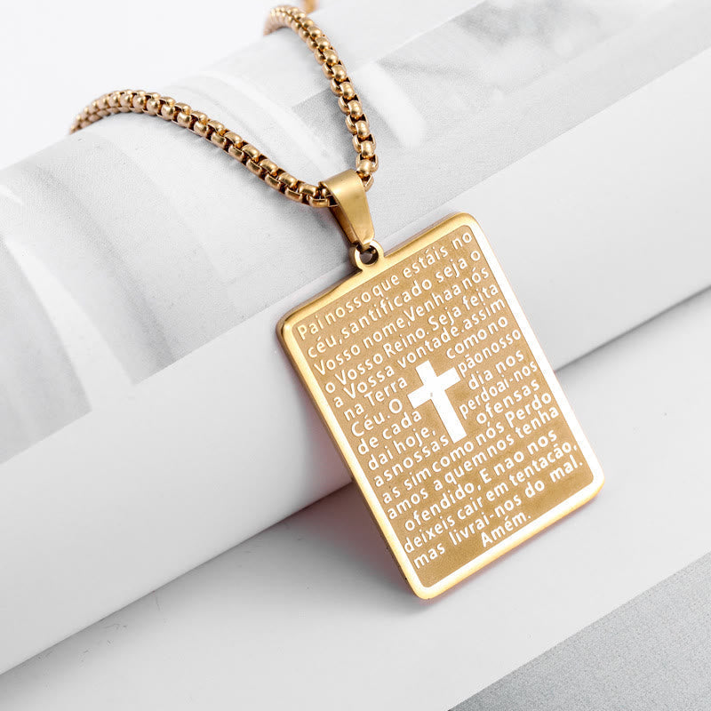 Collar con Dije de Cruz Padre Nuestro y Escritura Estilo Clásico