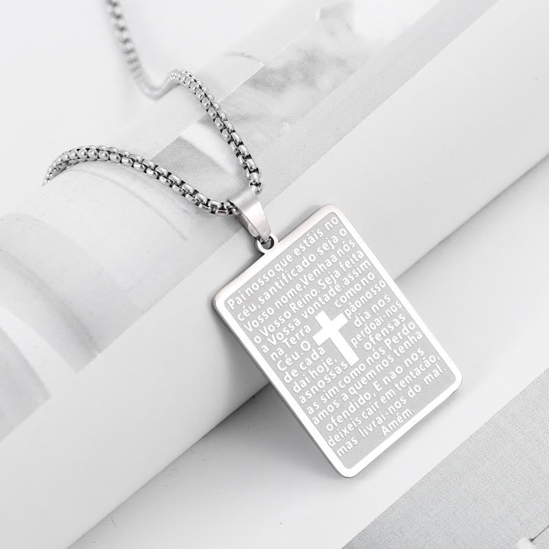 Collar con Dije de Cruz Padre Nuestro y Escritura Estilo Clásico