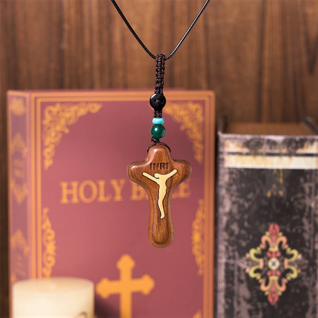 Llavero/Collar con Dije Amuleto de Cruz de Jesús en Sándalo y Boj Estilo Minimalista