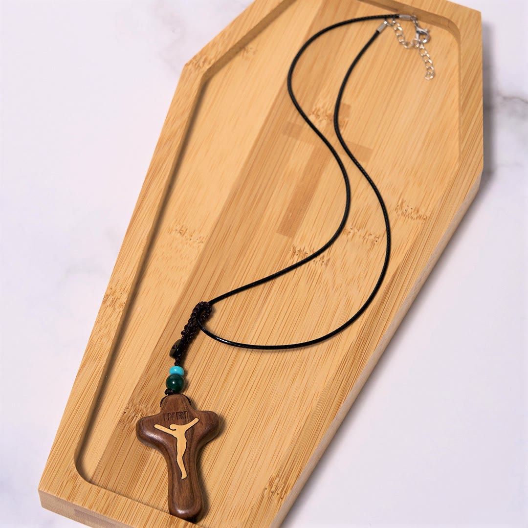 Llavero/Collar con Dije Amuleto de Cruz de Jesús en Sándalo y Boj Estilo Minimalista
