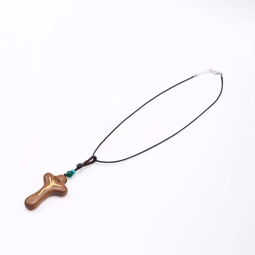 Llavero/Collar con Dije Amuleto de Cruz de Jesús en Sándalo y Boj Estilo Minimalista