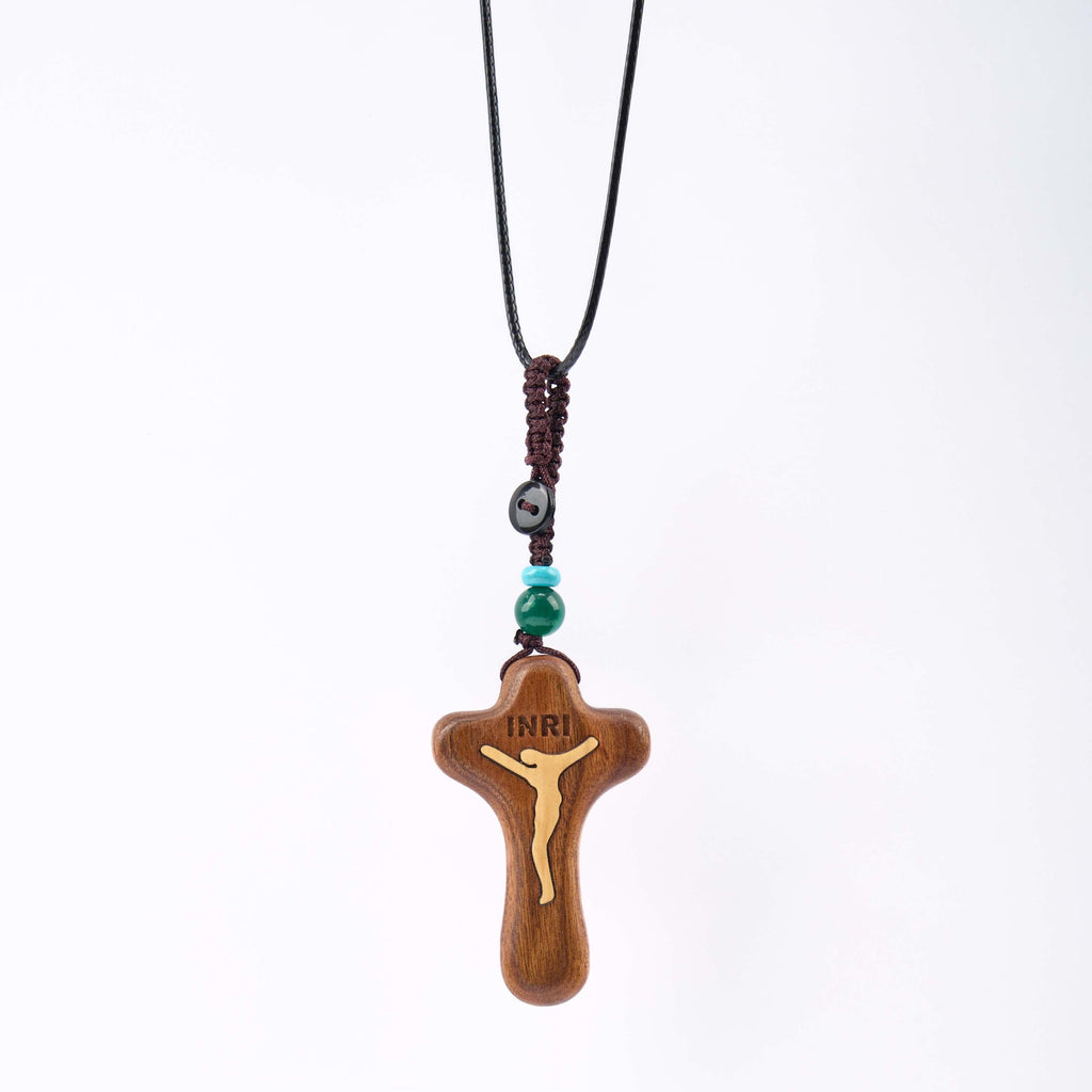 Llavero/Collar con Dije Amuleto de Cruz de Jesús en Sándalo y Boj Estilo Minimalista