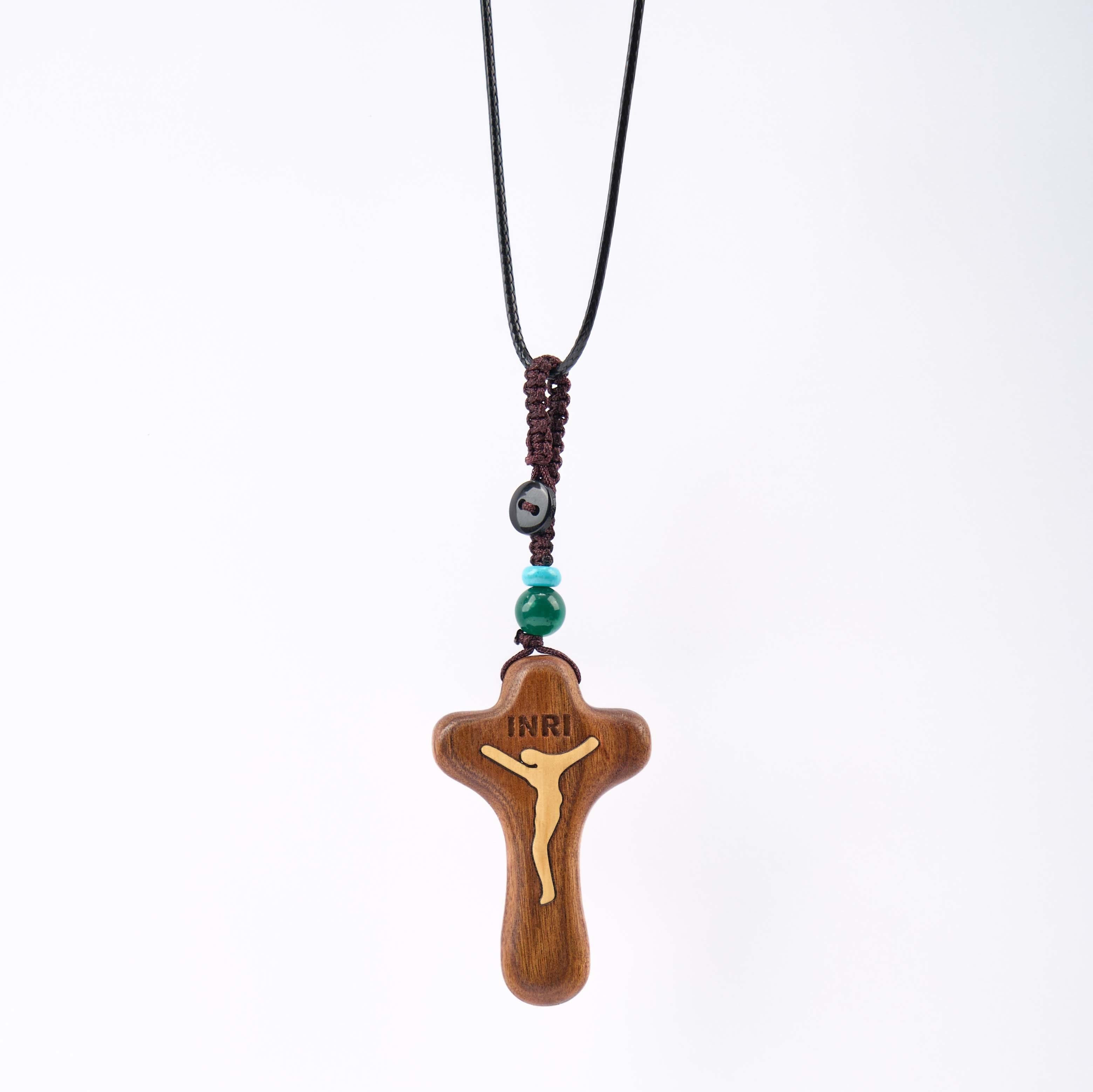 Llavero/Collar con Dije Amuleto de Cruz de Jesús en Sándalo y Boj Estilo Minimalista