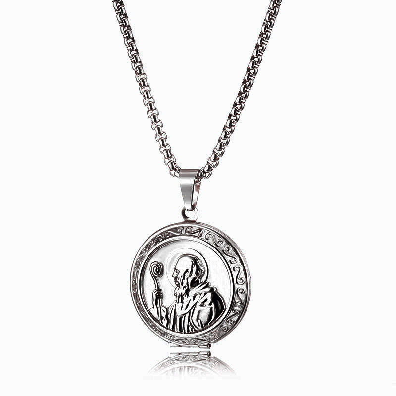Collar con Dije Relicario de Dos Caras con Grabado de San Benito Estilo Clásico