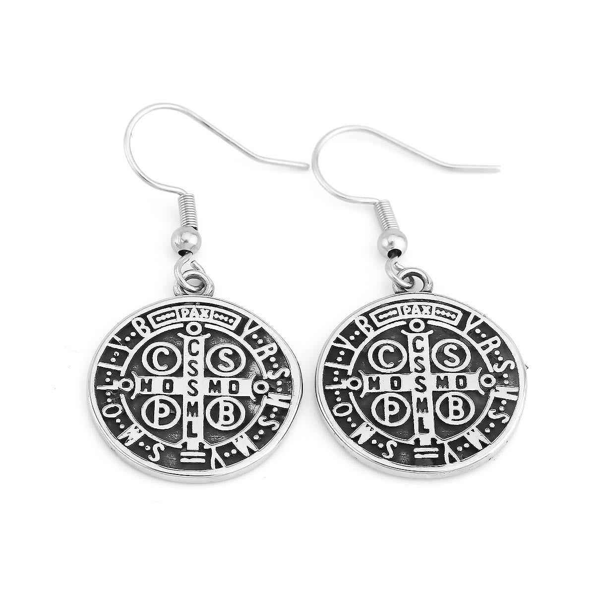 Aretes de Protección Divina con Emblema Grabado de San Benito Estilo Clásico VIP