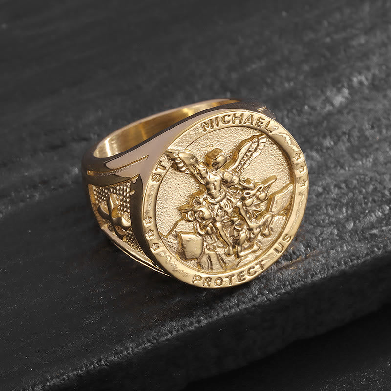 Anillo de Fe Divina Estilo Clásico "San Miguel Arcángel Protégenos"