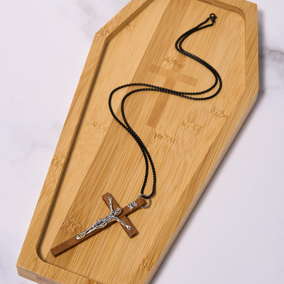Collar de Fe con Dije Crucifijo de Aleación y Madera Artesanal Estilo Clásico