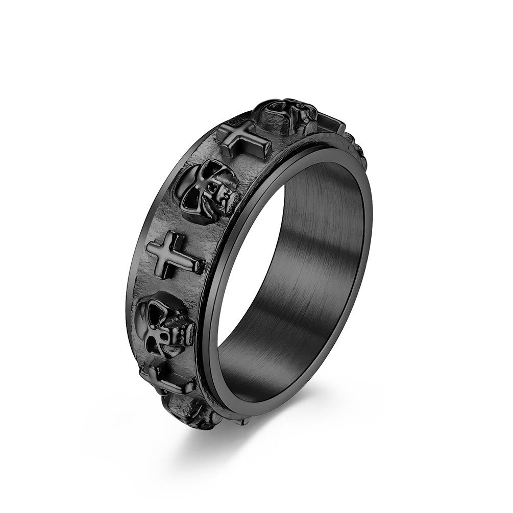Anillo Giratorio de Acero de Titanio con Cruz y Calavera Estilo Moderno