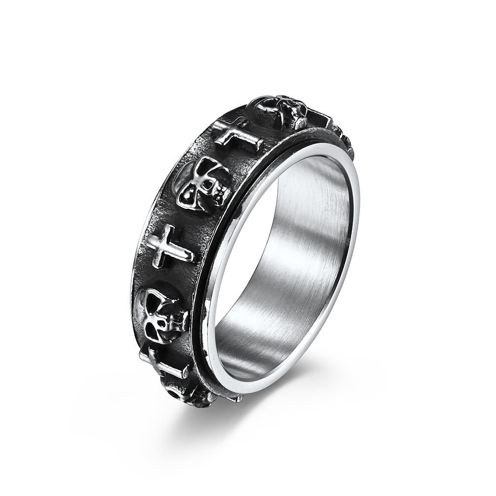 Anillo Giratorio de Acero de Titanio con Cruz y Calavera Estilo Moderno