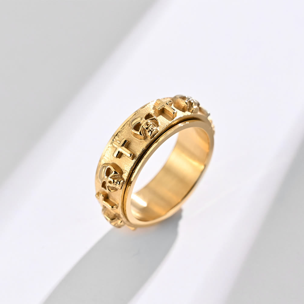 Anillo Giratorio de Acero de Titanio con Cruz y Calavera Estilo Moderno