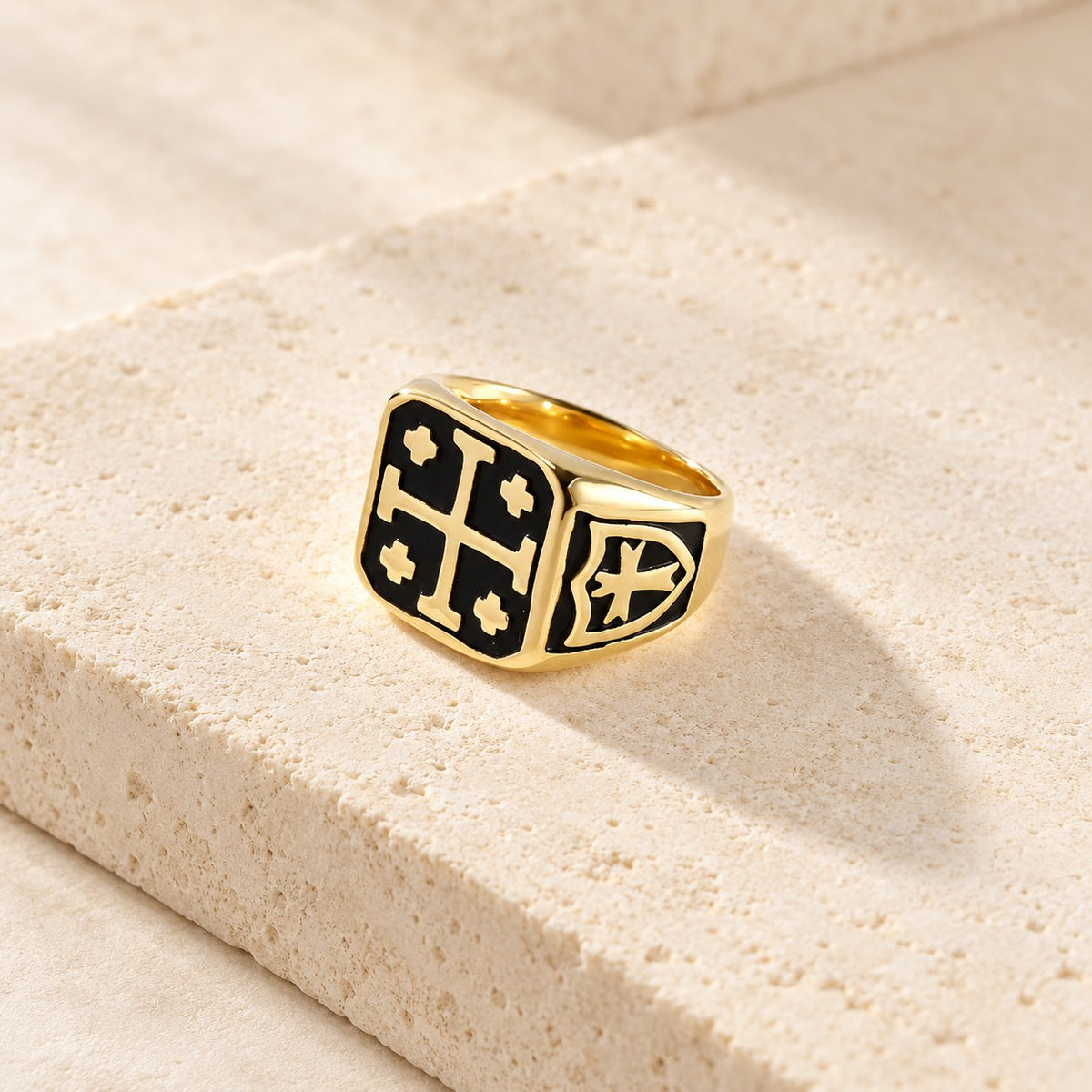 Classic Style Jerusalem Cross Shield Signet Devine Faith Ring