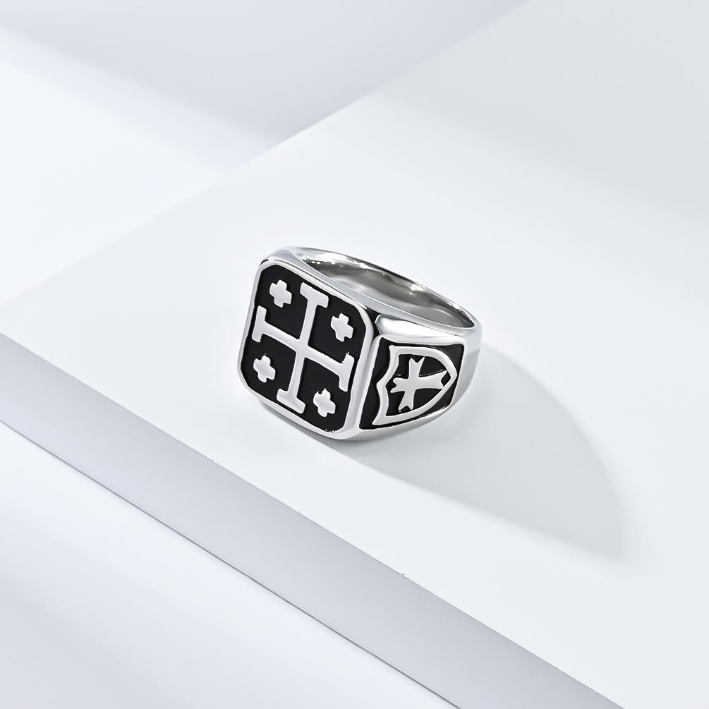Anillo Sello de Escudo Cruz de Jerusalén Estilo Clásico: Fe Divina
