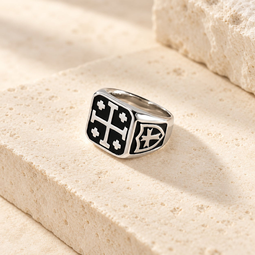 Classic Style Jerusalem Cross Shield Signet Devine Faith Ring