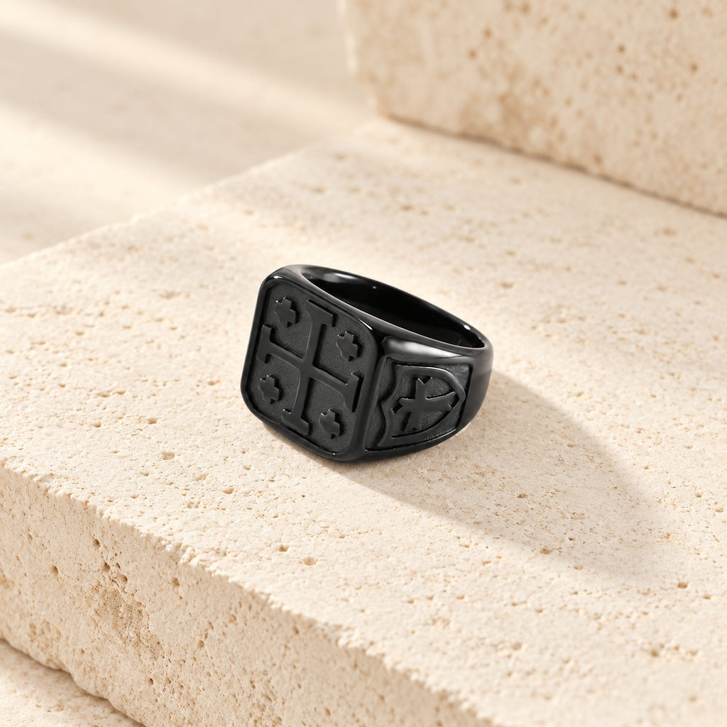 Classic Style Jerusalem Cross Shield Signet Devine Faith Ring