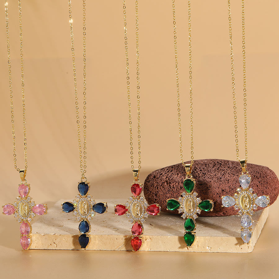 Collar con Dijes de Circonia de Cruz y la Virgen de Guadalupe Estilo Moderno