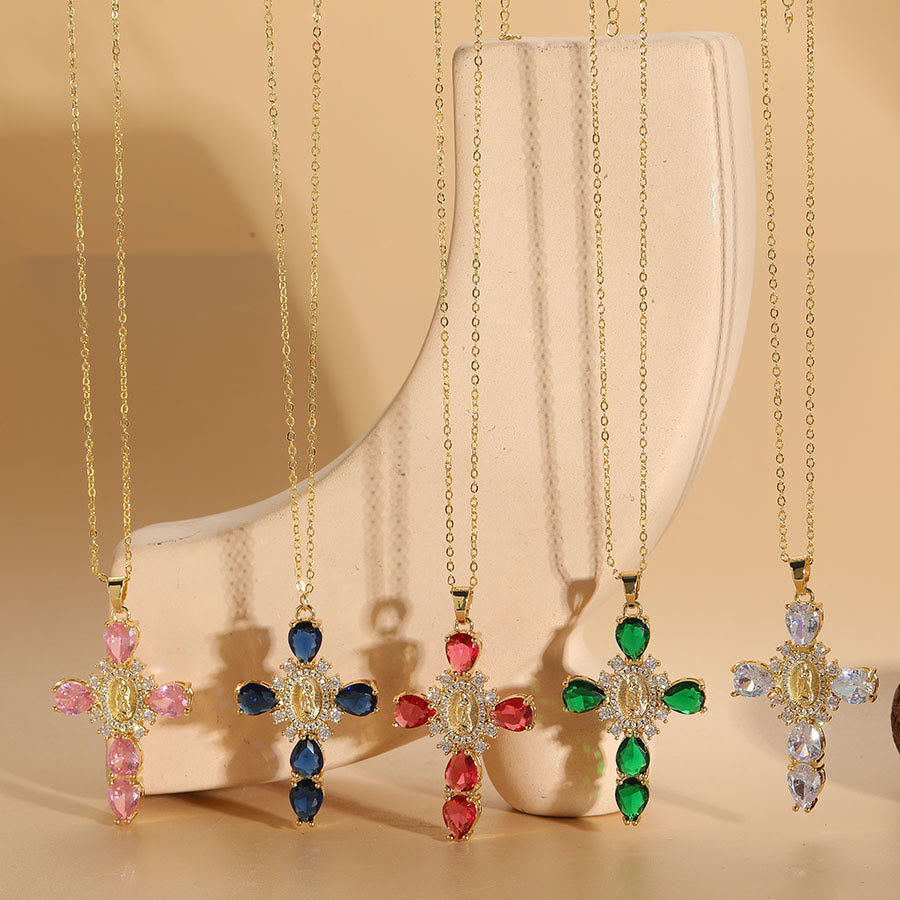 Collar con Dijes de Circonia de Cruz y la Virgen de Guadalupe Estilo Moderno