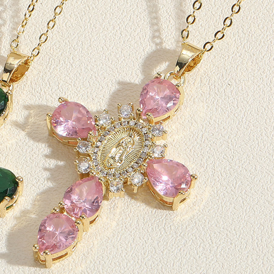 Collar con Dijes de Circonia de Cruz y la Virgen de Guadalupe Estilo Moderno