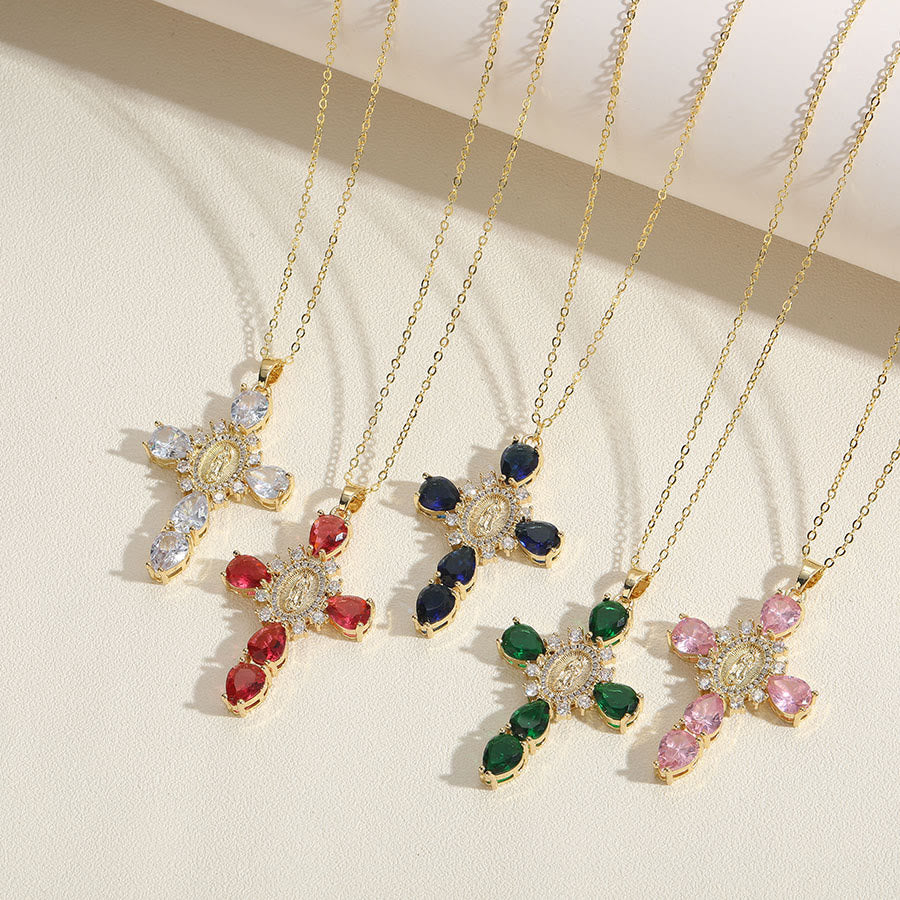 Collar con Dijes de Circonia de Cruz y la Virgen de Guadalupe Estilo Moderno