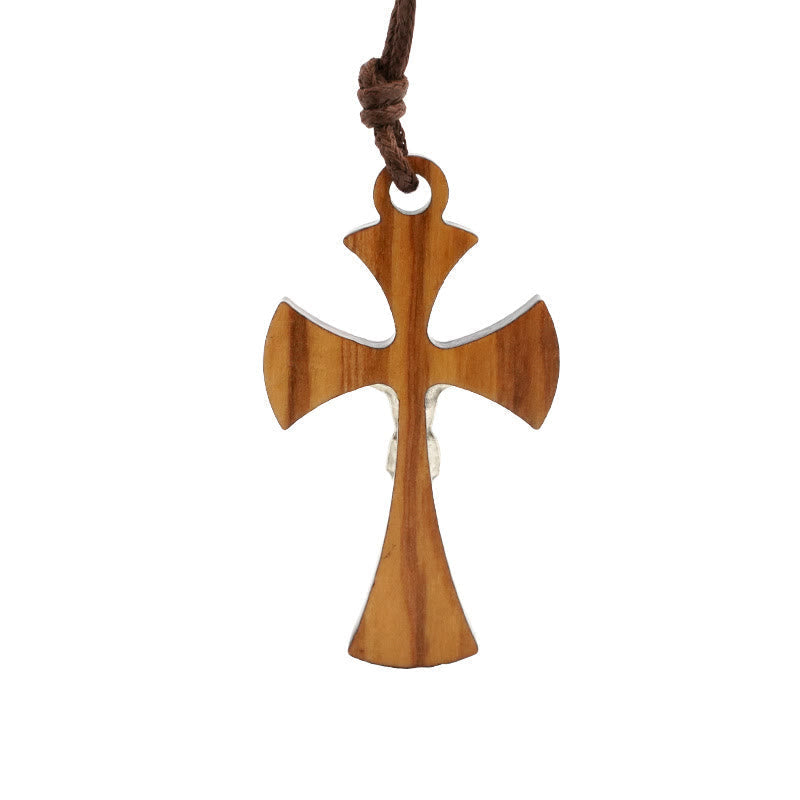 Collar con Dije de Cruz Crucifijo de Madera de Olivo Curvada Estilo Clásico