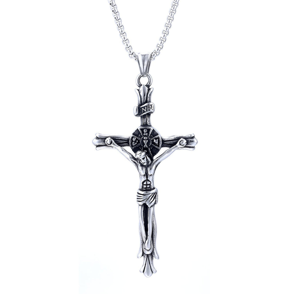 Collar de Fe Sagrada con Cruz Crucifijo de Jesús y Placa INRI Estilo Clásico
