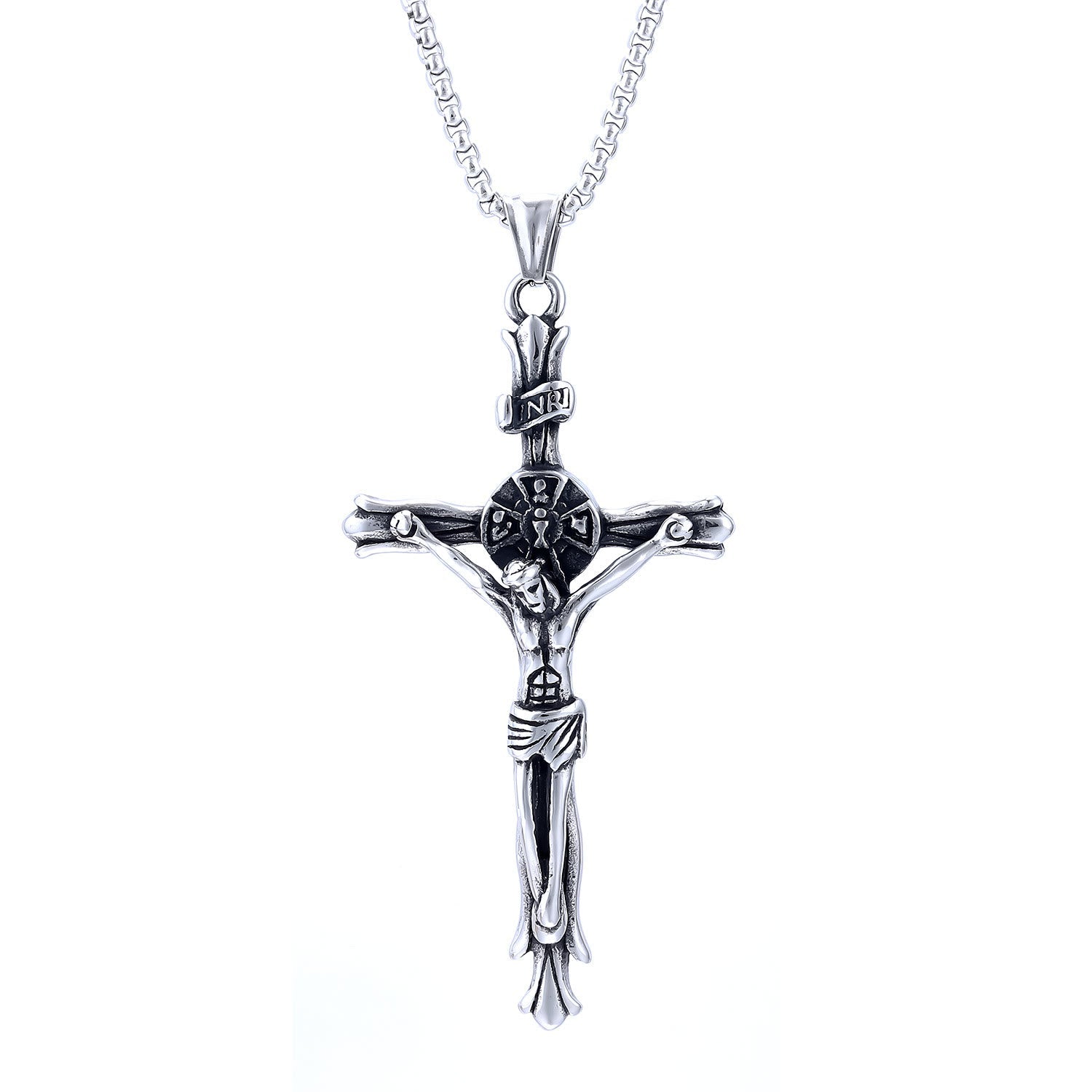 Collar de Fe Sagrada con Cruz Crucifijo de Jesús y Placa INRI Estilo Clásico