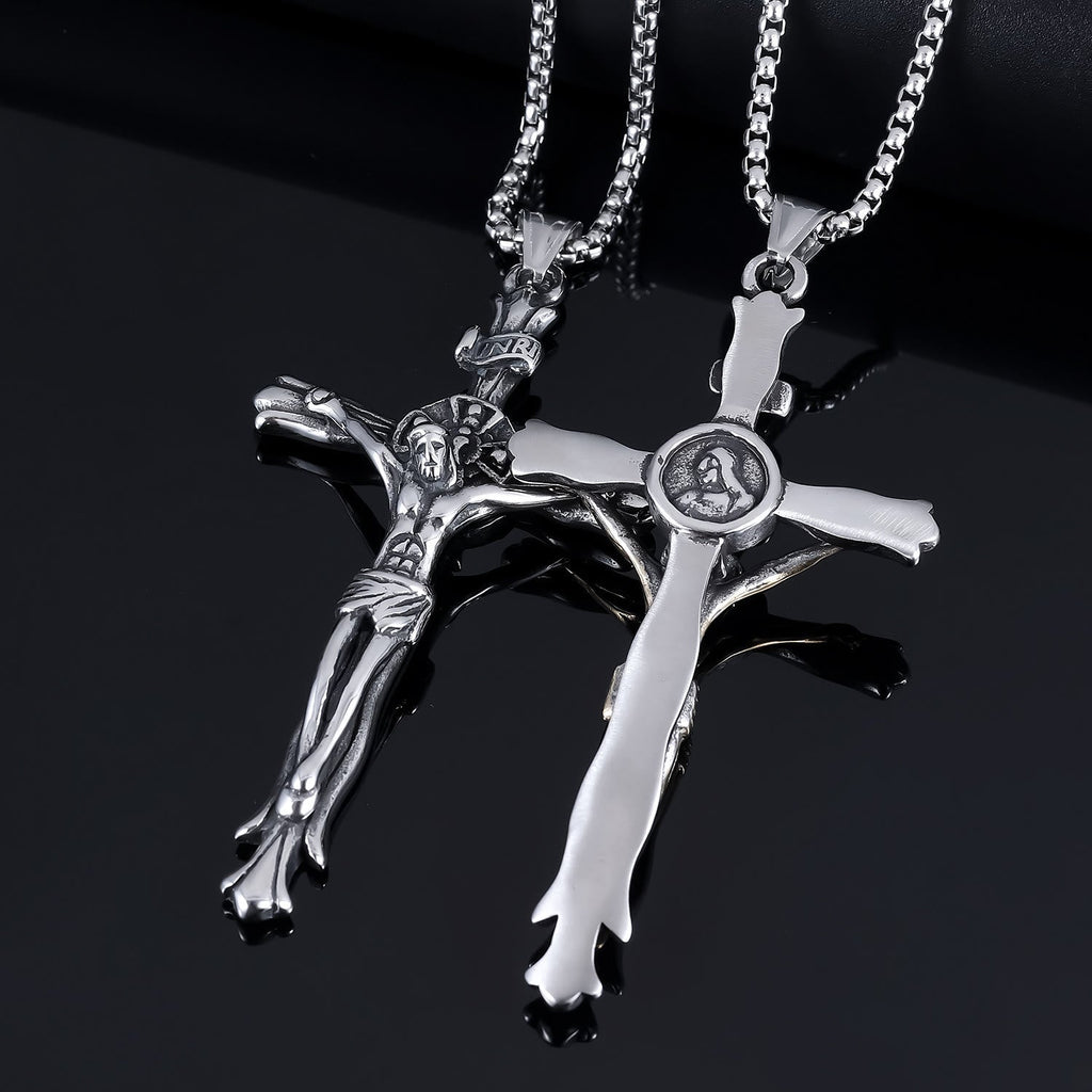 Collar de Fe Sagrada con Cruz Crucifijo de Jesús y Placa INRI Estilo Clásico