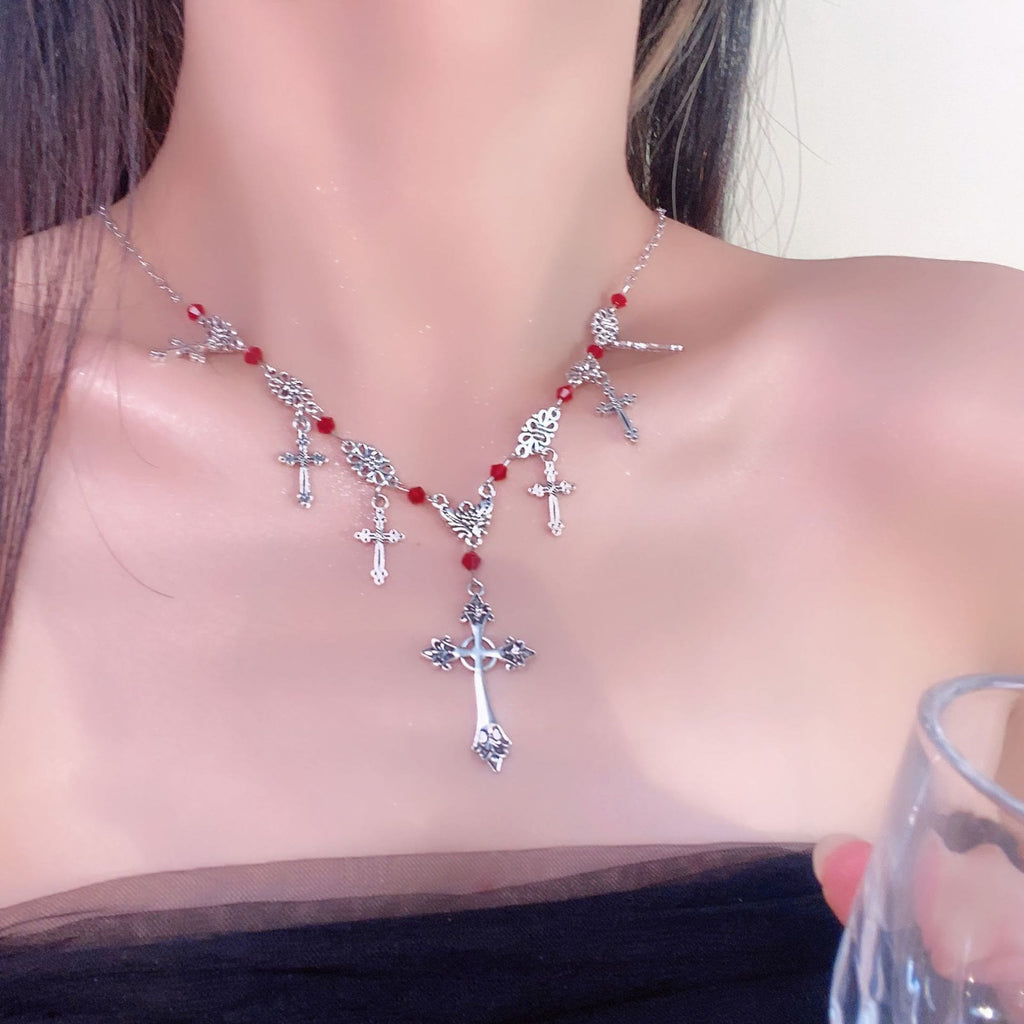 Collar de Fe Divina de Cruz con Cuentas Escarlata Estilo Moderno