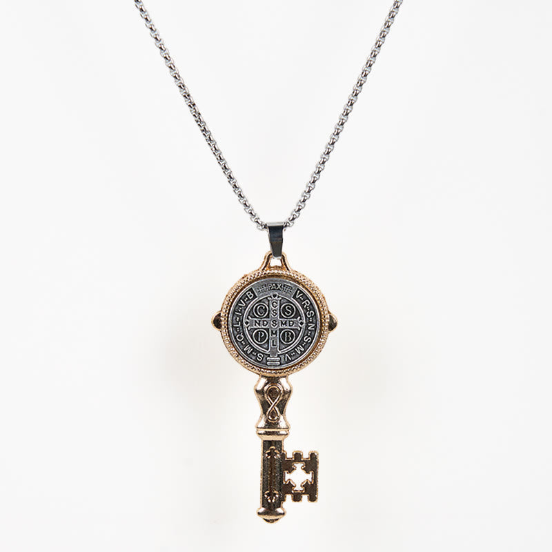 Collar de Aleación con Dije "San Benito Protégenos" Llave de la Fe