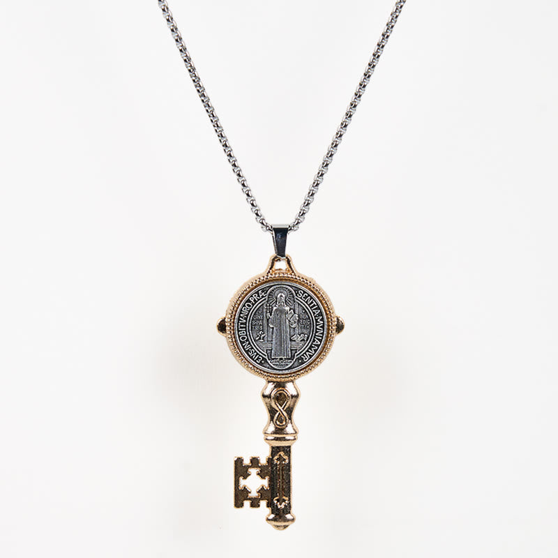 Collar de Aleación con Dije "San Benito Protégenos" Llave de la Fe