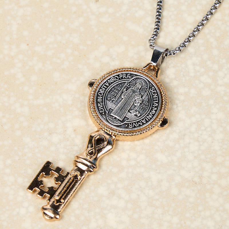 Collar de Aleación con Dije "San Benito Protégenos" Llave de la Fe