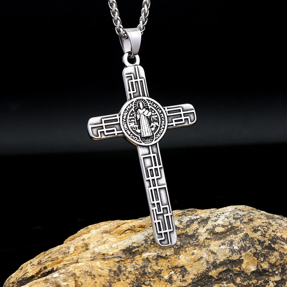 Collar de Titanio con Dije de Fe "San Benito Protégenos" y Cruz