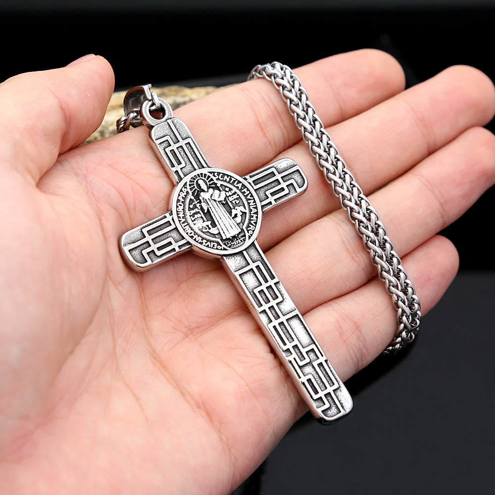 Collar de Titanio con Dije de Fe "San Benito Protégenos" y Cruz