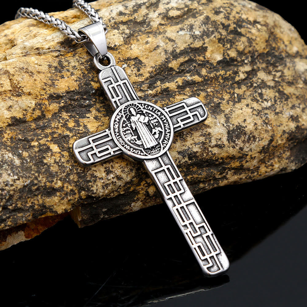 Collar de Titanio con Dije de Fe "San Benito Protégenos" y Cruz