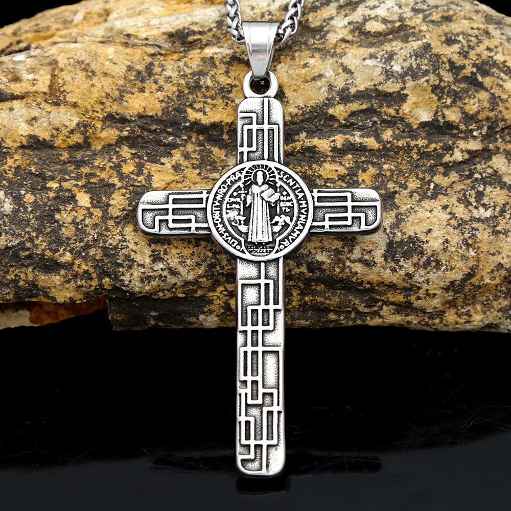 Collar de Titanio con Dije de Fe "San Benito Protégenos" y Cruz