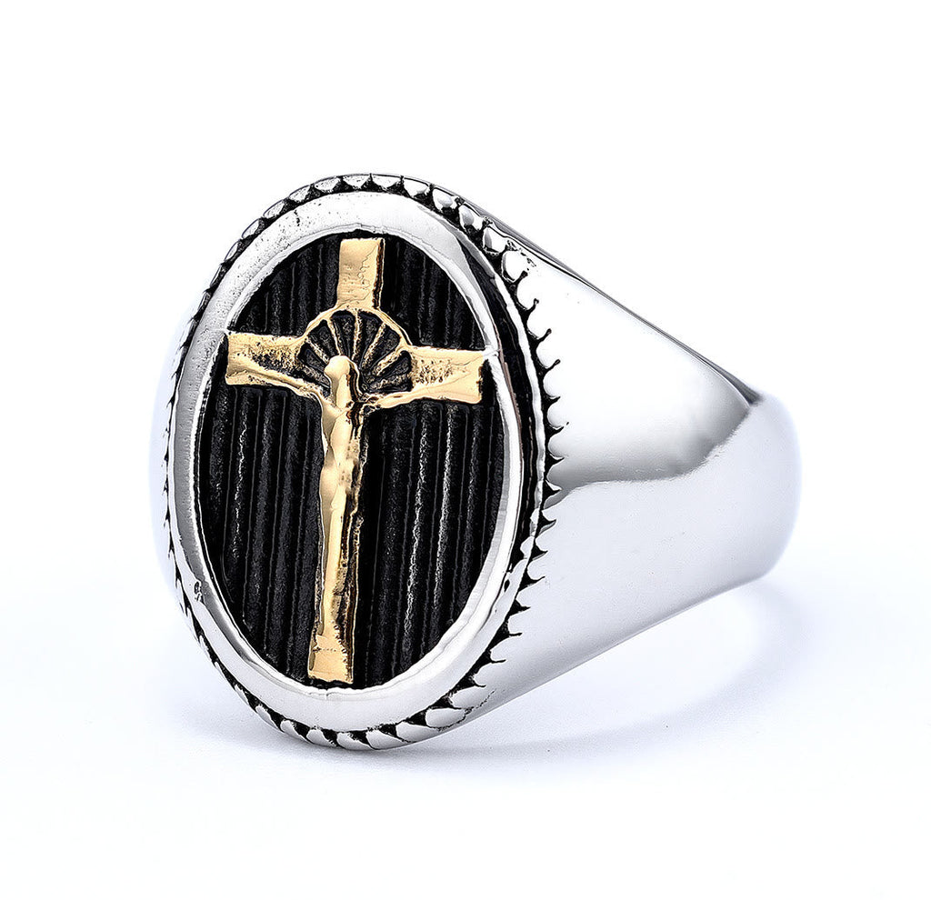 Anillo de Titanio con Crucifijo Sencillo Estilo Retro: Protección y Fuerza