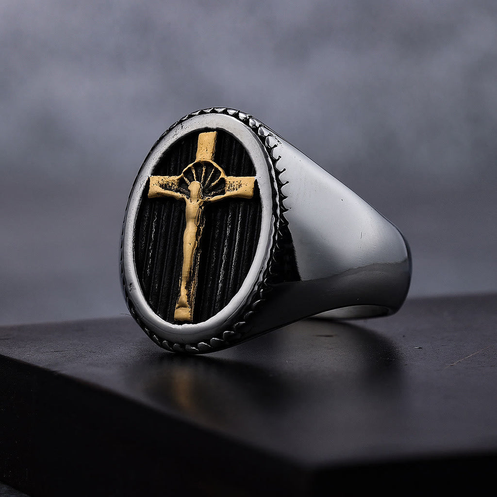Anillo de Titanio con Crucifijo Sencillo Estilo Retro: Protección y Fuerza
