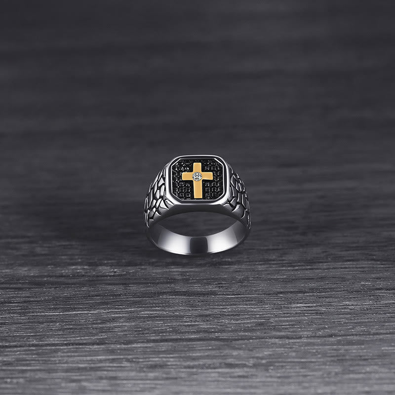 Anillo de Fe Divina con Cruz y Patrón de Piedra Agrietada Estilo Clásico