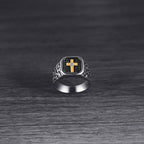 Anillo de Fe Divina con Cruz y Patrón de Piedra Agrietada Estilo Clásico