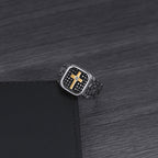 Anillo de Fe Divina con Cruz y Patrón de Piedra Agrietada Estilo Clásico