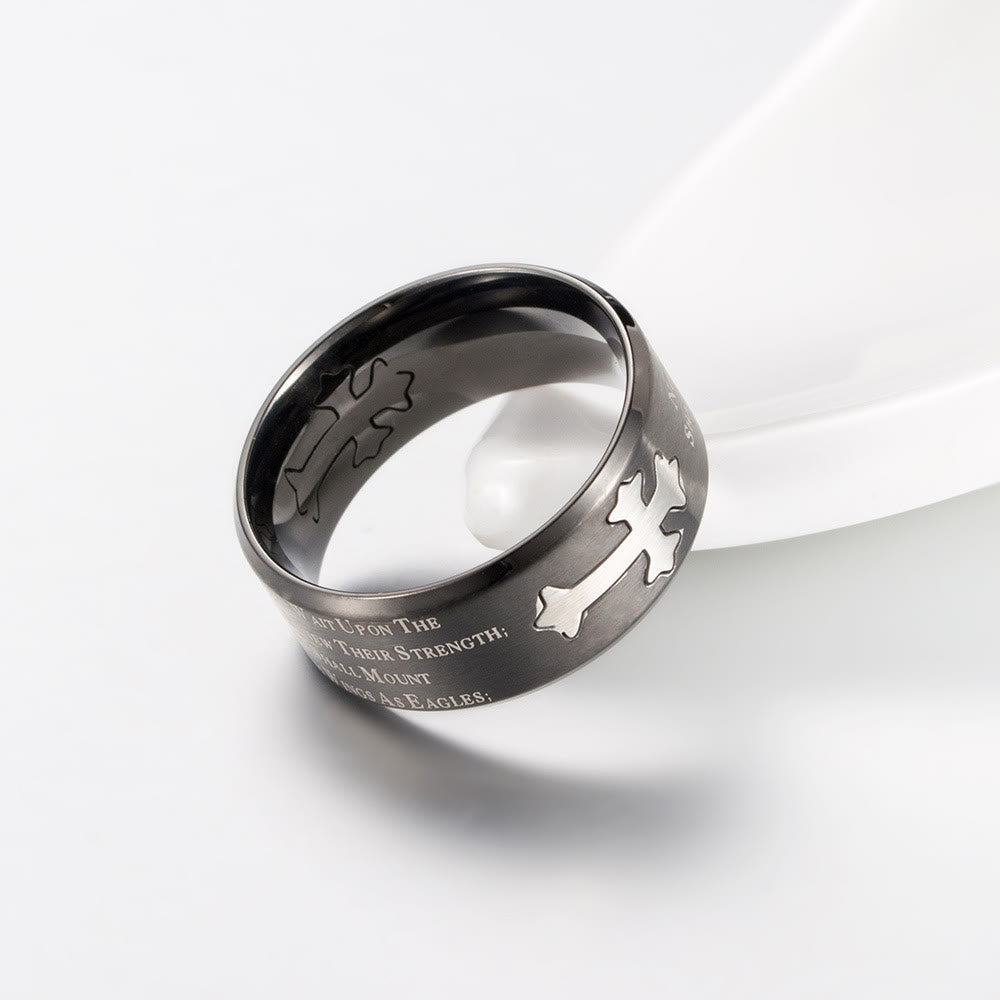 Anillo de Cruz Grabado "Fe y Fuerza" Estilo Moderno