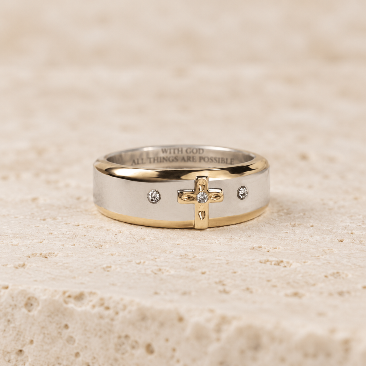 Modern Style Two-tone Gold Cross Alloy Ring(Made in Holy Land)