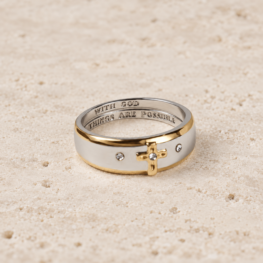 Modern Style Two-tone Gold Cross Alloy Ring(Made in Holy Land)