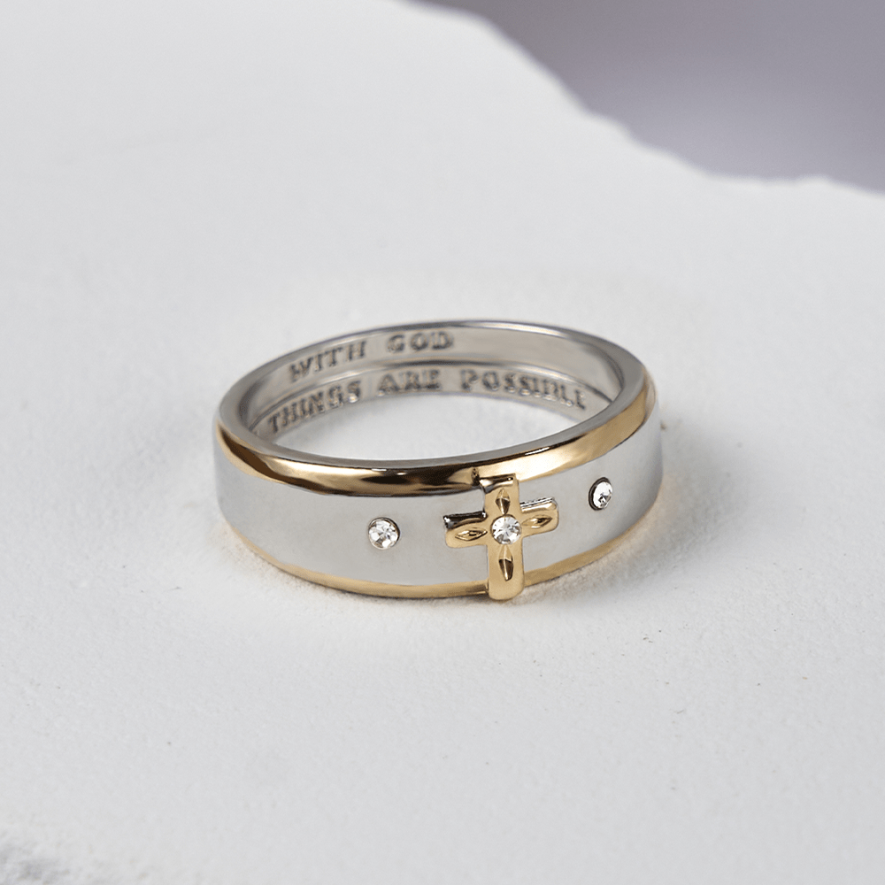 Anillo de Aleación con Cruz de Oro en Dos Tonos Estilo Moderno (Hecho en Tierra Santa)