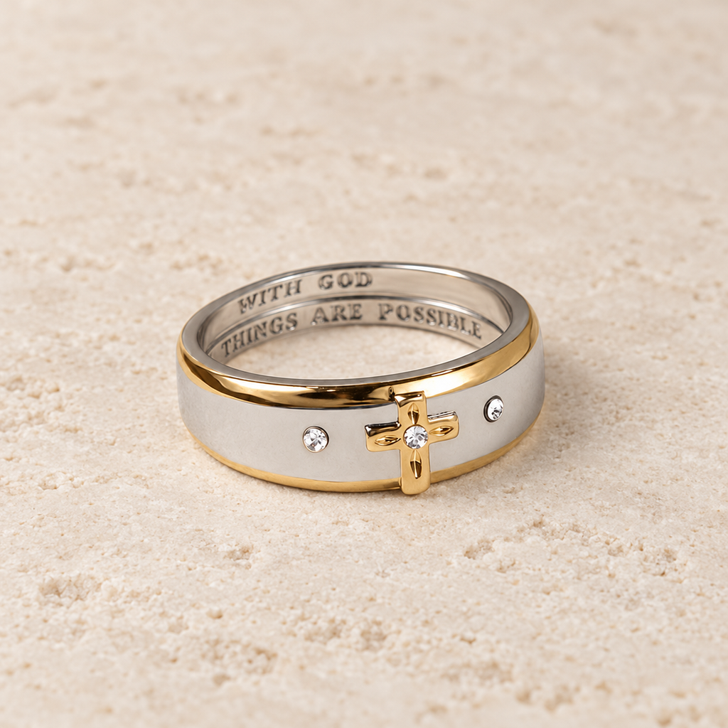 Modern Style Two-tone Gold Cross Alloy Ring(Made in Holy Land)
