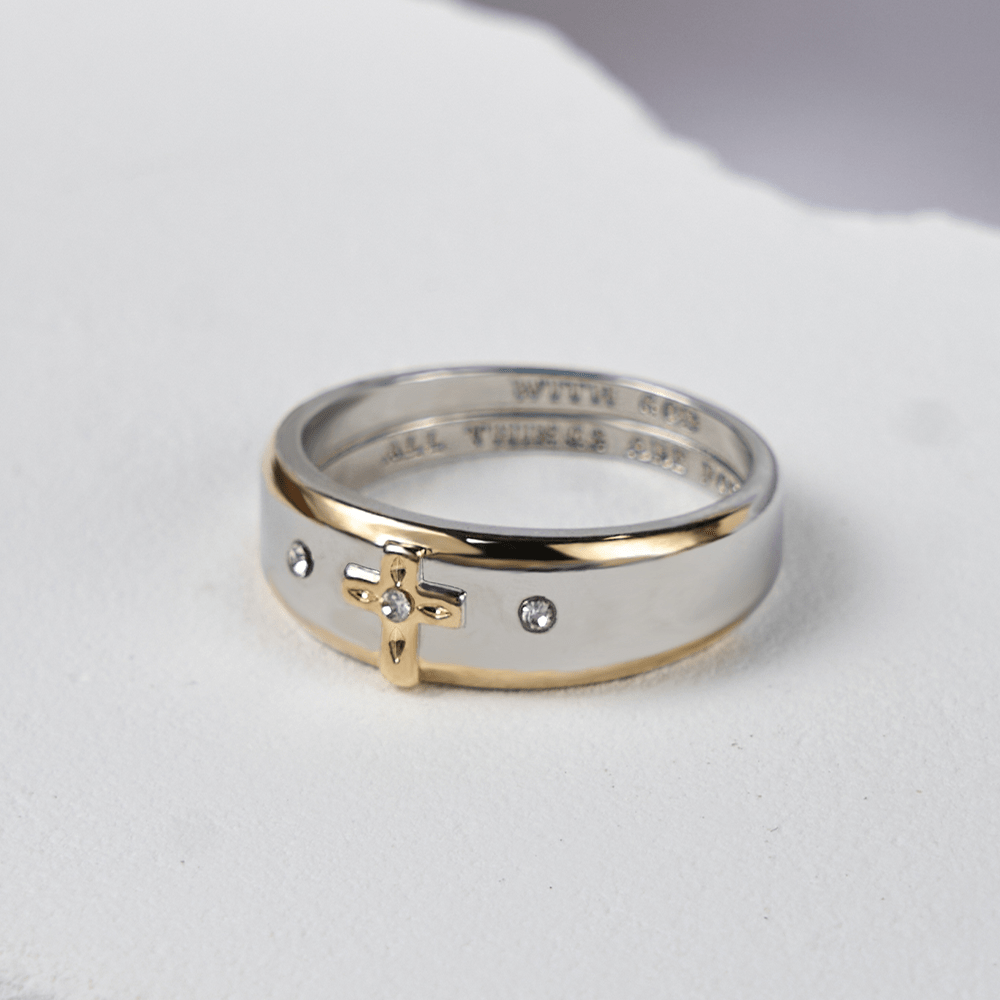Anillo de Aleación con Cruz de Oro en Dos Tonos Estilo Moderno (Hecho en Tierra Santa)