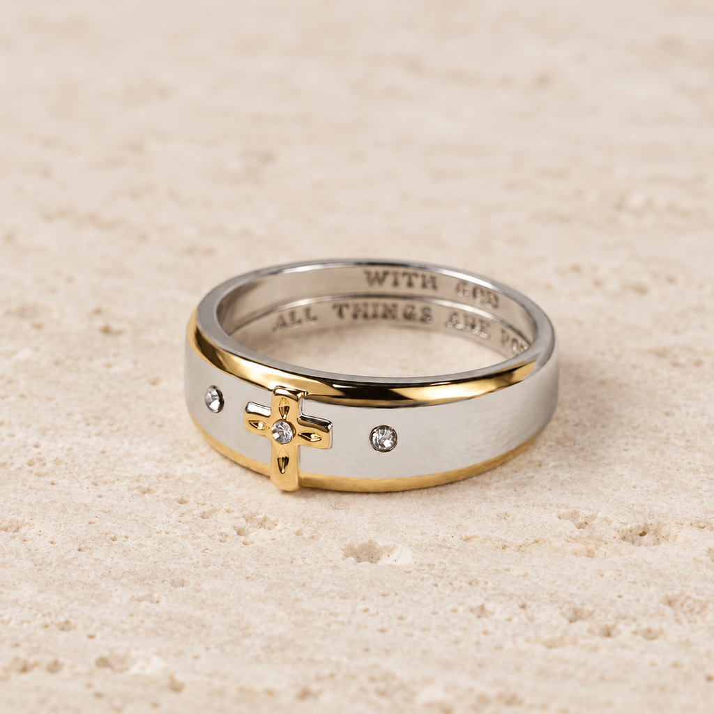 Modern Style Two-tone Gold Cross Alloy Ring(Made in Holy Land)