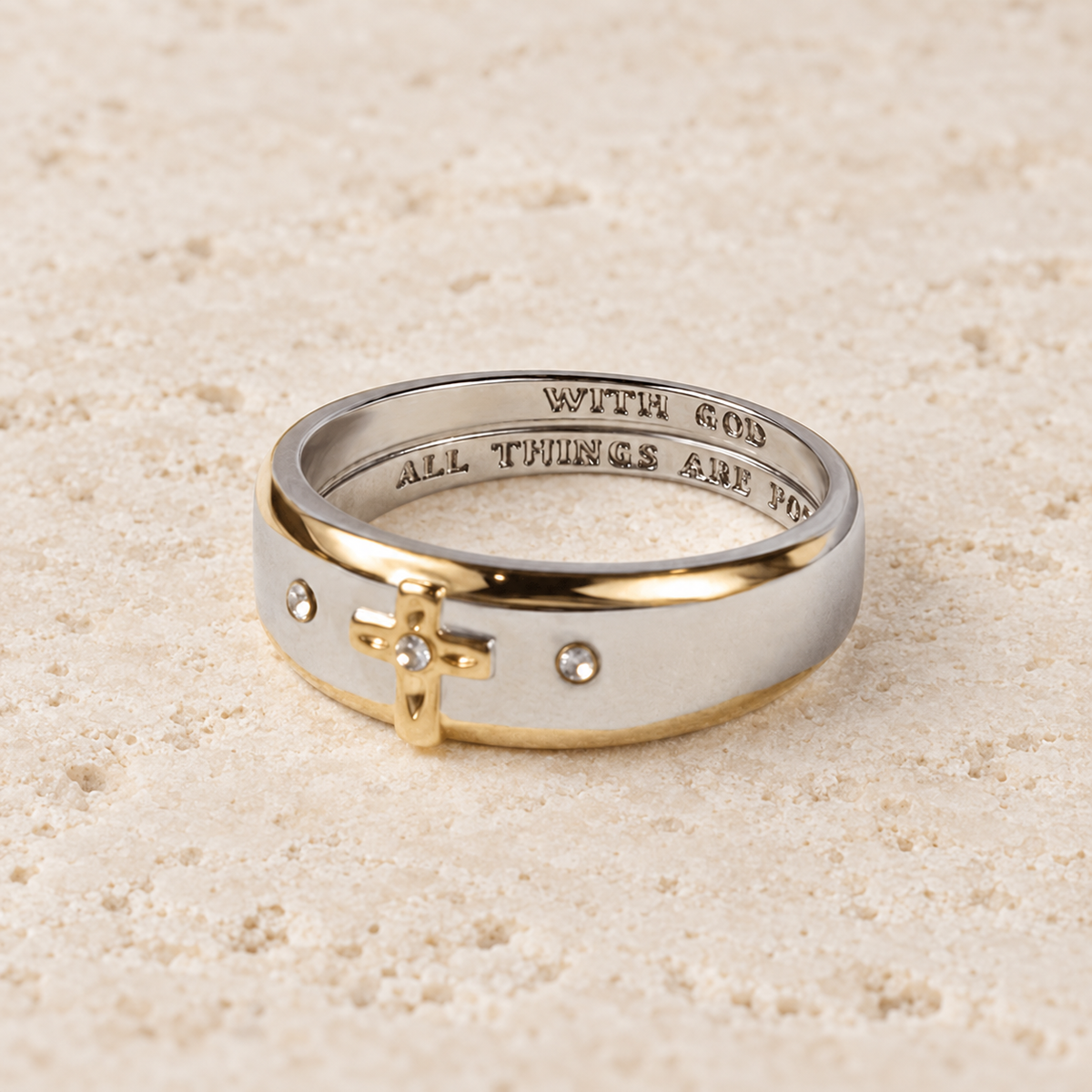 Modern Style Two-tone Gold Cross Alloy Ring(Made in Holy Land)