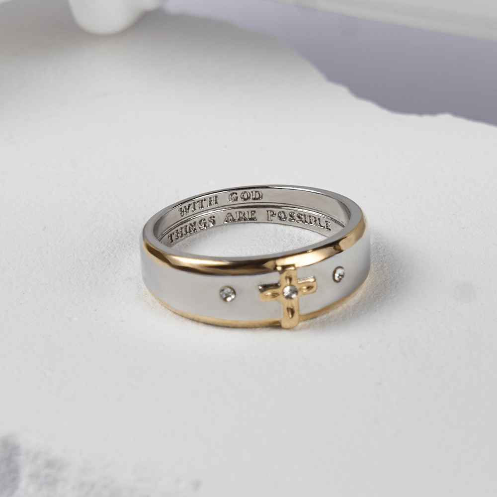 Anillo de Aleación con Cruz de Oro en Dos Tonos Estilo Moderno (Hecho en Tierra Santa)