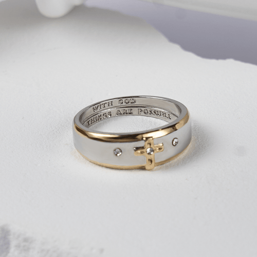 Anillo de Aleación con Cruz de Oro en Dos Tonos Estilo Moderno (Hecho en Tierra Santa)